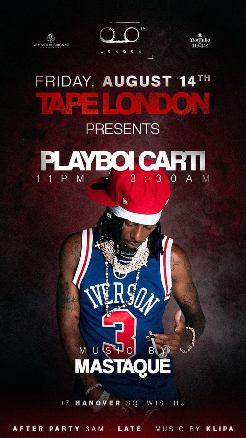Playboi Carti live at Tape London, Friday 14 August 2026