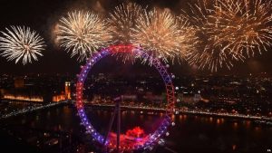 Fireworks explode over London on 1 January 2015 In London, thousands gathered along the Thames to see the display