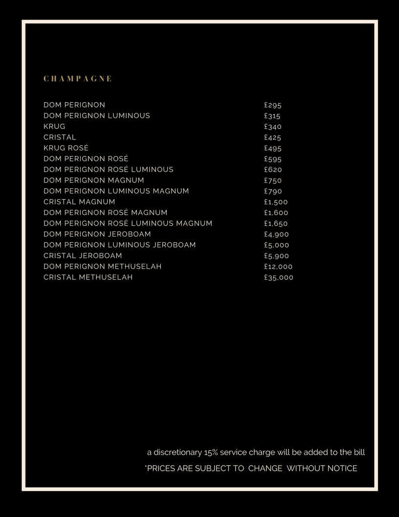 Drinks and Bottle Prices Menu for Bodoss Schloss