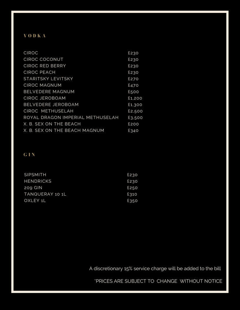 Drinks and Bottle Prices Menu for Bodoss Schloss