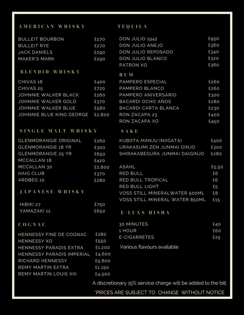 Drinks and Bottle Prices Menu for Charlie Club