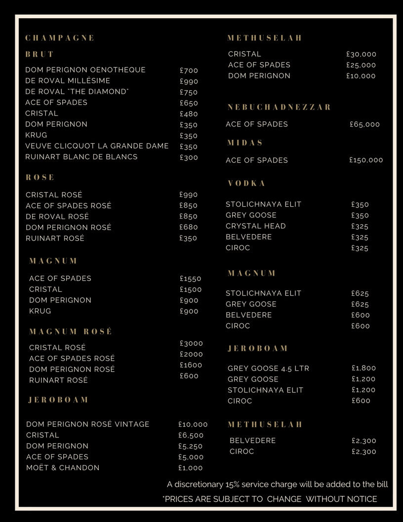 Drinks and Bottle Prices Menu for Cirque Le Soir Club