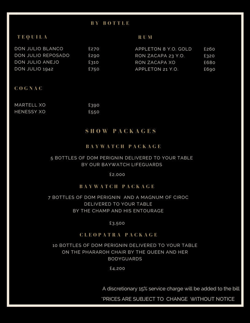Drinks and Bottle Prices Menu for Drama Club
