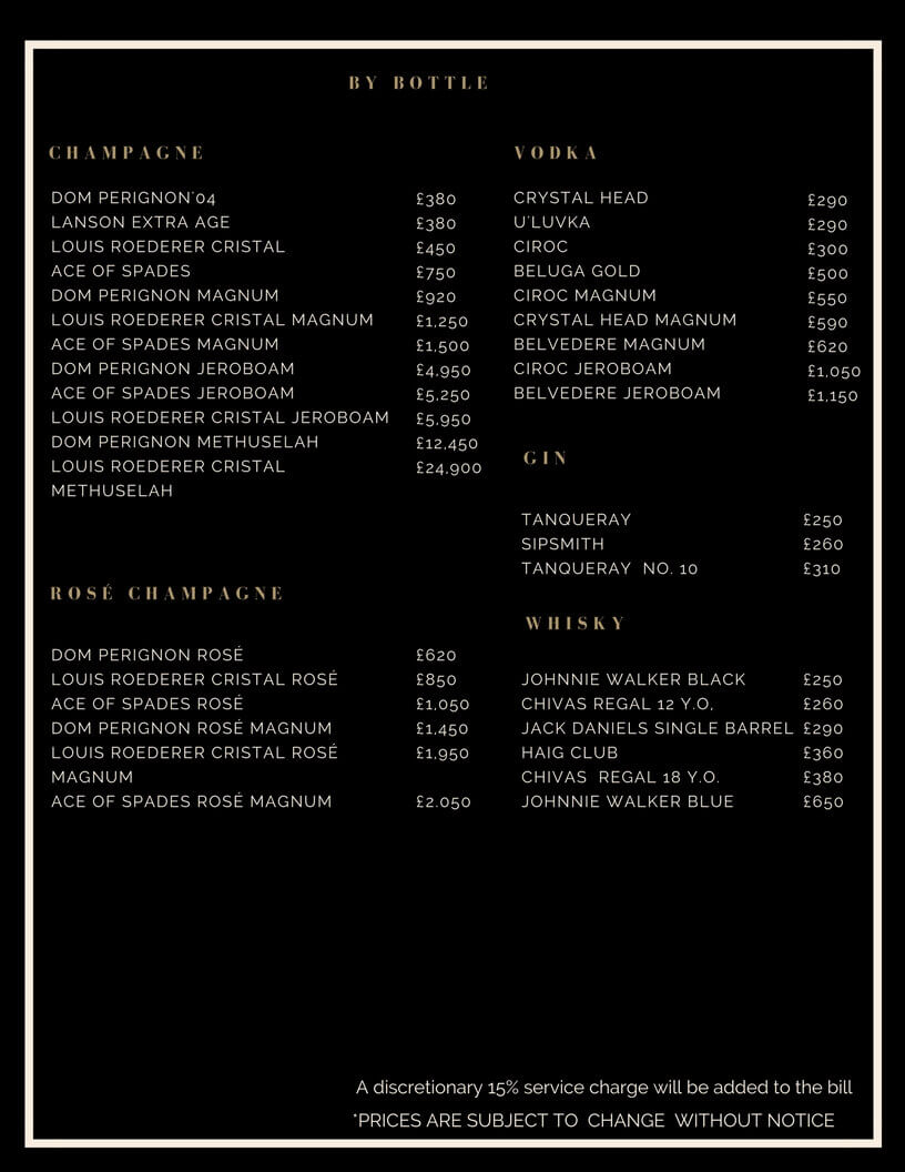 Drinks and Bottle Prices Menu for Drama Club