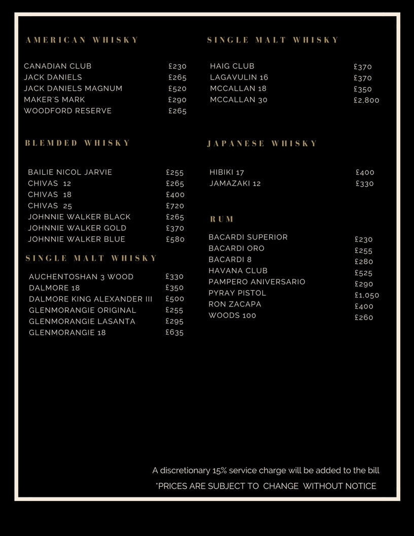 Drinks and Bottle Prices Menu for Project Club