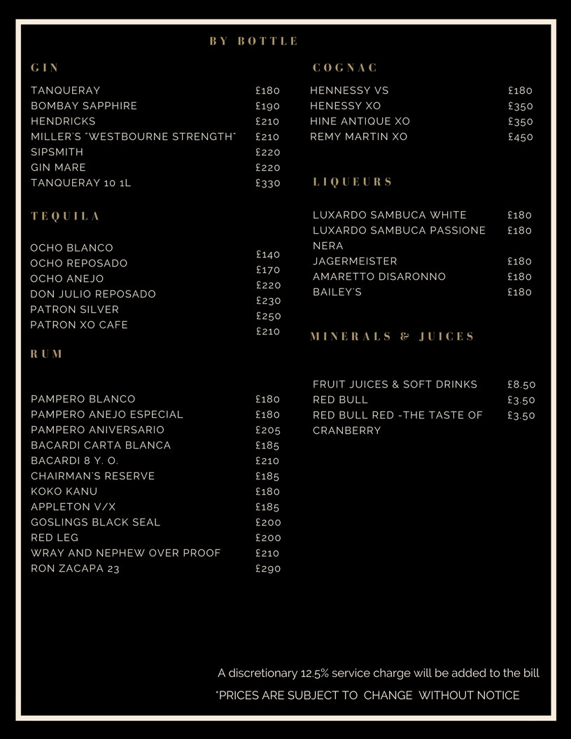 Drinks and Bottle Prices Menu for Roof Gardens