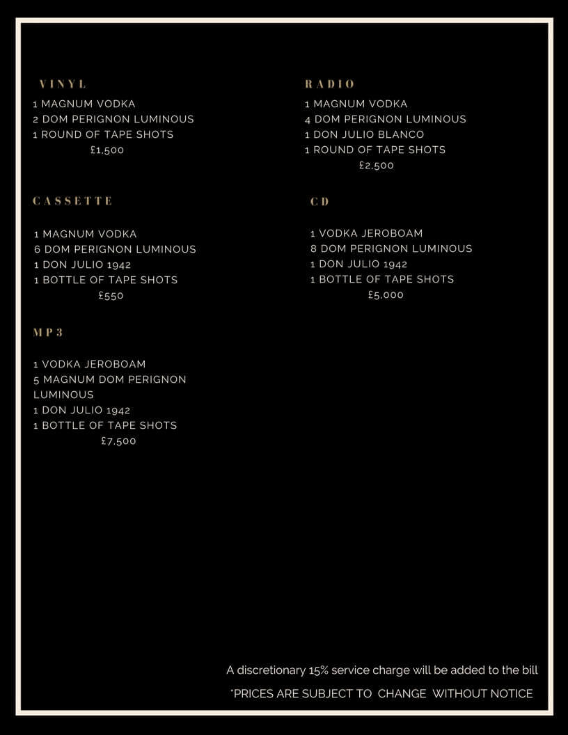 Drinks and Bottle Prices Menu for Tape Club