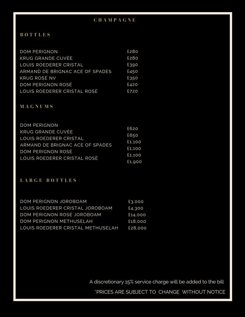 Drinks and Bottle Prices Menu for Tonteria Club
