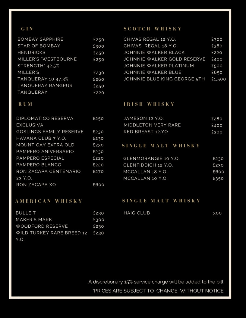 Drinks and Bottle Prices Menu for Cuckoo Club