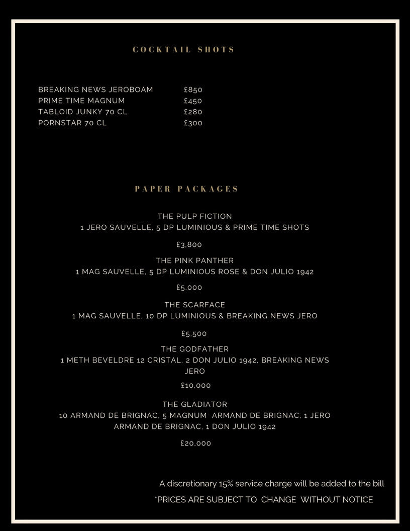 Drinks and Bottle Prices Menu for Paper Club