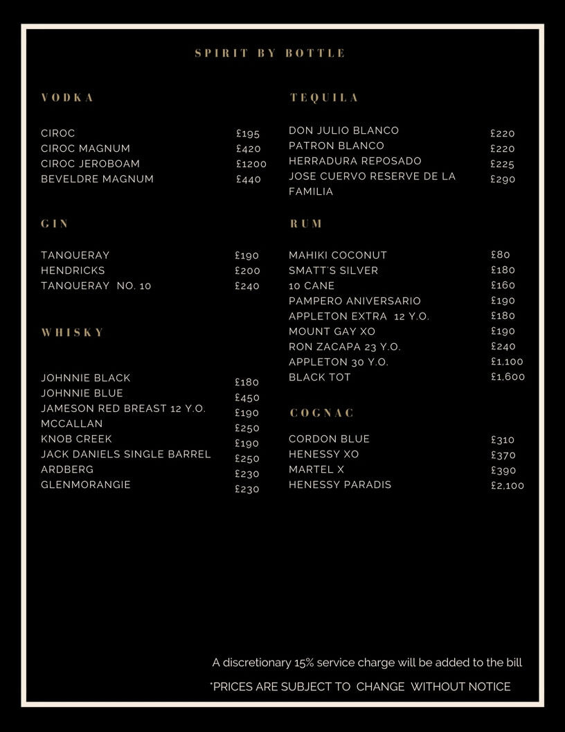 Drinks and Bottle Prices Menu for Mahiki Club London
