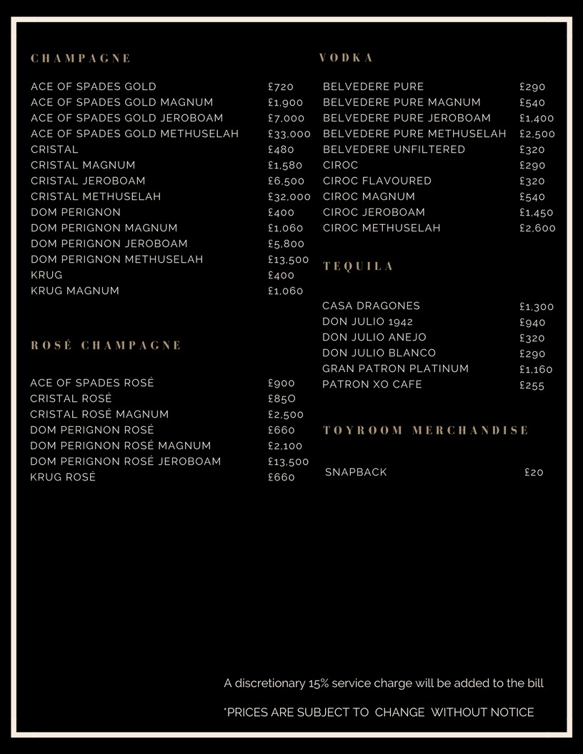 Drinks and Bottle Prices Menu for Toy Room Club