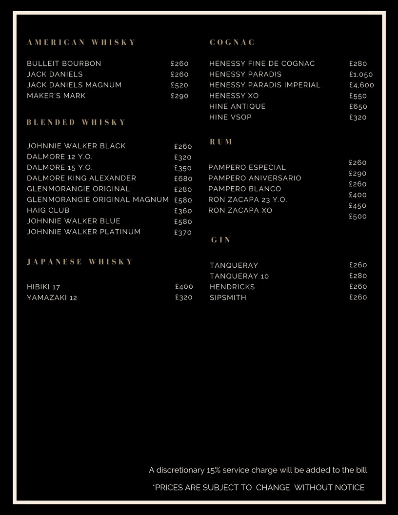Drinks and Bottle Prices Menu for Toy Room Club